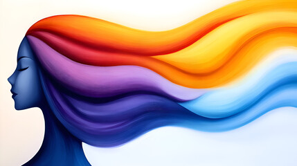 Aufkleber - A colorful abstract representation of a woman's profile with flowing hair in vibrant hues.