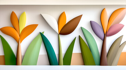 Aufkleber - A vibrant, stylized wall art featuring colorful, abstract flowers and leaves in various shapes and sizes.
