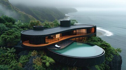 Poster - A black parametric round shaped big villa with an infinity pool, situated atop a green mountain with the ocean beside, black marble and light timber, surrounded by a foggy atmosphere.