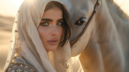 Portrait of a beautiful woman in an Arabic outfit with a white horse, set against a desert background during the golden hour.