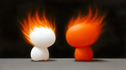 Aufkleber - Two abstract characters with fiery hair face each other in a dramatic, minimalist setting.