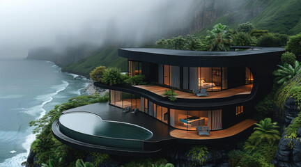 Poster - A black parametric round shaped big villa with an infinity pool, situated atop a green mountain with the ocean beside, black marble and light timber, surrounded by a foggy atmosphere.