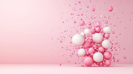 Poster - A vibrant display of floating pink and white spheres, creating a dynamic visual effect against a soft pink background, ideal for creative projects.