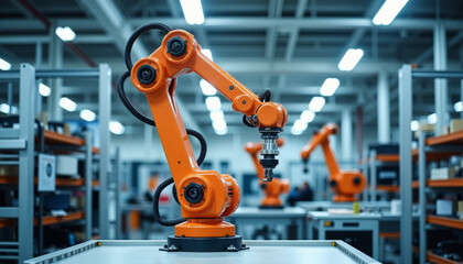 Poster - Advanced robotic arms in an automated factory workspace showcasing innovative manufacturing technology