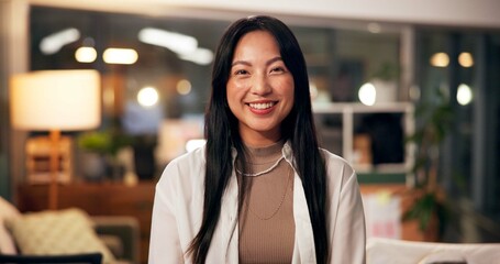 Poster - Happy, portrait and business woman in office with confidence, night and journalism career. Copywriter, professional and Asian employee with positive attitude for creative job promotion at workplace