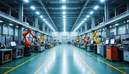 Poster - Expansive view of a modern, automated factory filled with industrial robots working in unison