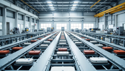 Poster - Expansive factory floor showcasing automated machinery and conveyor belts in a pristine industrial environment