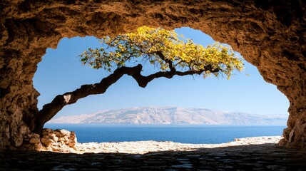 Canvas Print - Cave opening with tree framing sea and mountain view.