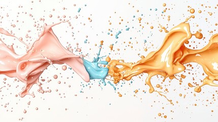 Poster - A vibrant splash of pink and gold liquid, artistically merging and creating dynamic shapes against a white background, evoking energy and creativity.