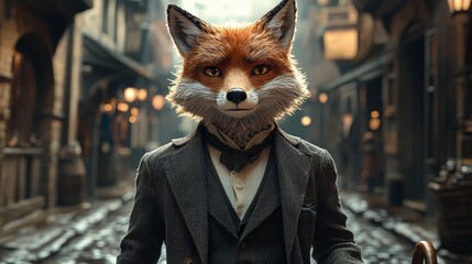 A whimsical portrayal of a fox dressed in formal attire, standing confidently in a vintage alley, blending the charm of nature with human sophistication.