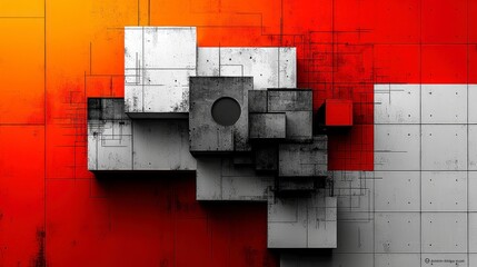 Poster - Abstract geometric design featuring black and white cubes against a vibrant red and orange background. Perfect for modern art projects and digital media.