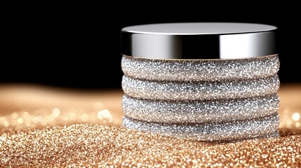 Wall Mural - Luxury Silver Glitter Cosmetic Jar on Golden Sparkle Background