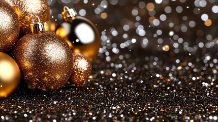 Wall Mural - Sparkling Gold Christmas Ornaments on Glitter Background