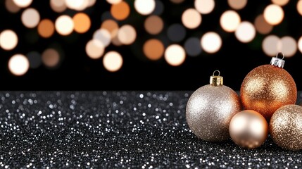 Wall Mural - Sparkling Christmas Ornaments on Glittery Background with Bokeh Lights