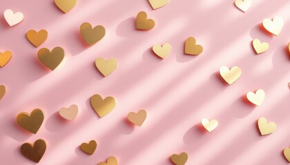 Wall Mural - Golden Hearts Scattered on Pink Background: A Romantic Valentine's Day Design