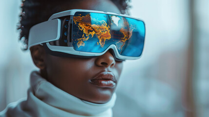 Poster - Man in white turtleneck wear virtual reality glasses with holographic world map inside and holographic waves outside isolated on white background.