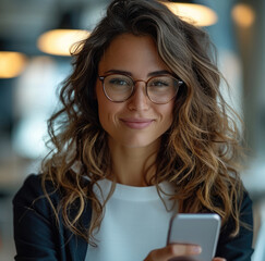 Aufkleber - Woman, administrator of a company, looking at a smartphone with a satisfied expression, in a business environment.