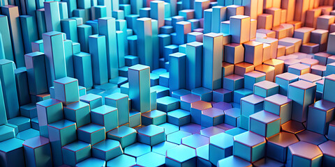 Poster - Colorful abstract arrangement of geometric shapes creates a striking visual effect. The composition features hexagons and cubes in various elevations, highlighted by blue and orange tones