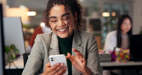 Aufkleber - Smile, phone and online with business woman in office for overtime, client communication and positive review. Happy, achievement and feedback with person at night for promotion news and approval