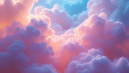 Wall Mural - Dreamlike Pastel Cloudscape: A Serene Aerial View of Fluffy Pink and Blue Clouds at Sunset