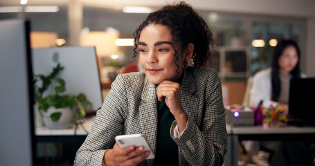 Aufkleber - Thinking, phone and online with business woman in office for overtime, client communication and research. Happy, networking and feedback with person and mobile at night for connection and idea