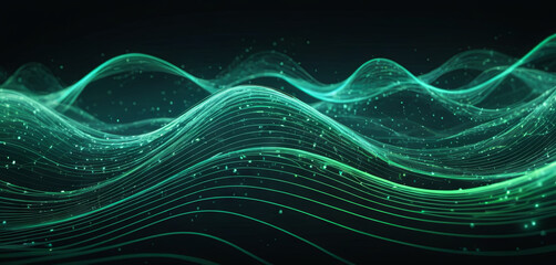 Poster - Flowing green waves undulate across a dark background, representing energy and sound. Particles dance throughout the waves, enhancing the visual effect of movement
