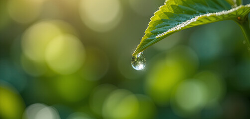 Poster - A single dewdrop clings to the tip of a green leaf, sparkling under the soft morning sunlight in a lush garden, capturing the beauty of nature at dawn