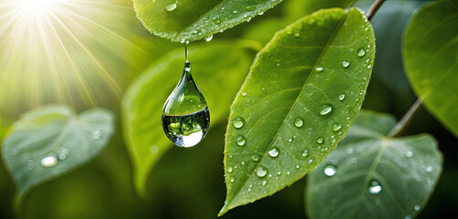 Poster - A clear raindrop hangs from a green leaf, reflecting sunlight. Surrounding leaves display droplets on their surfaces, creating a fresh, serene nature moment in the morning