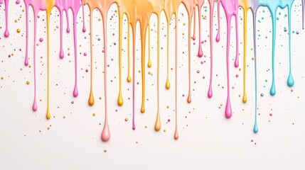 Poster - Vibrant paint drips in a spectrum of colors against a white background, creating a lively and artistic visual for design projects.