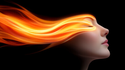 Poster - A creative representation of a woman's profile with fiery orange hair, symbolizing passion and creativity against a black background.
