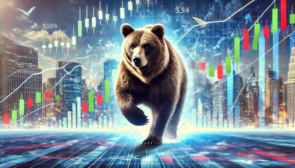 bear in the dark whit background  market graph