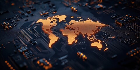 Poster - global electronic trade map on circuit board. world map glowing on tech circuit. connectivity betwee