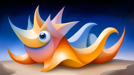 Aufkleber - A colorful, abstract representation of a fantastical creature resembling a sea animal in an artistic style.