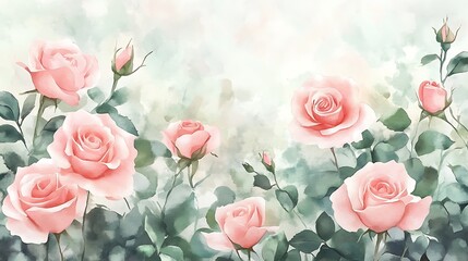 Wall Mural - Delicate Pink Roses in a Watercolor Garden Setting