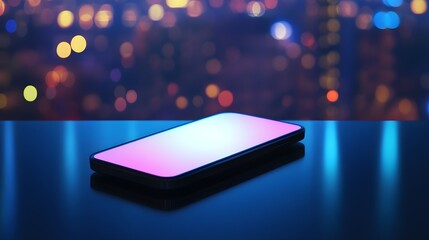 Aufkleber - Modern Smartphone Displaying Vibrant Colors on a Table Against a Blurred City Night Background with Bokeh Lights in a Contemporary Urban Environment
