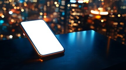 Poster - Modern Smartphone with Blank Screen on Dark Surface Against a Blurred City Skyline at Night, Illuminated Buildings and Bokeh Effects Creating a Vibrant Urban Atmosphere