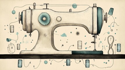 Wall Mural - vintage sewing machine illustration with thread and bobbins.