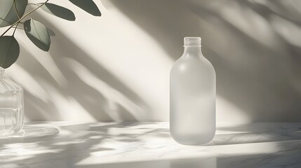 Wall Mural - Frosted Glass Bottle With Eucalyptus Leaves On Marble