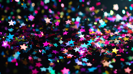 Poster - Colorful star-shaped glitter scattering on a dark surface during a celebration. 