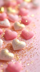 Poster - Video footage for Valentine's day. Horizontal social media, greeting card template with empty copy space with scattered heart-shaped candies in soft pastel colors over soft pink gradient, 16:9 banner