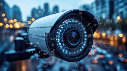 Poster - modern security camera system shows network connectivity, data flow in urban environment. illustrati