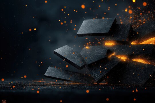 Dark abstract 3D background geometric shapes. Intense fiery sparks, molten effect add powerful energy. Destruction, explosion implied. Futuristic design evokes dramatic scene. Industrial science