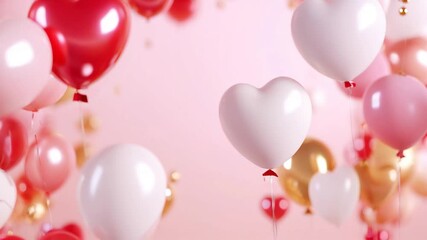 Fototapete - Video footage for Valentine's day. Horizontal social media template, wedding greeting card with empty copy space with light pink and white gradient, decorated with red balloon hearts, 16:9 banner web