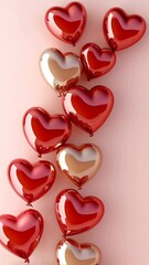 Fototapete - Video footage for Valentine's day. Vertical social media template, greeting card with empty copy space with light pink and white gradient, decorated with red balloon hearts at edges, leaving spacious