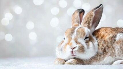 Wall Mural - Adorable brown and white rabbit resting on soft white surface with bokeh background.