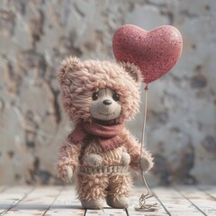 Wall Mural - Teddy Bear Love: A sweet teddy bear, wearing a cozy scarf, holds a heart-shaped balloon, radiating warmth and affection. This charming image evokes feelings of love , Concept for Valentine.