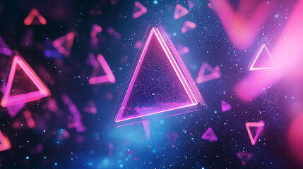 Poster - Vibrant floating triangles in a colorful cosmic space background. 