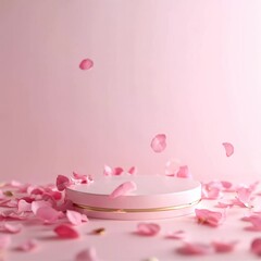 Fototapete - Video footage for Valentine's day. Social media template, podium with a soft pink gradient, light rose petals falling across the design, and a central area perfect for romantic messages. Square post