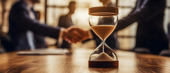 Poster - Hourglass on a Wooden Table with Business Professionals Shaking Hands in the Background, Symbolizing Time Management and Important Decisions in a Corporate Environment