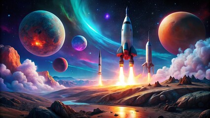 Wall Mural - Alien Planet Rocket Launch: Night Space Scene with Colorful Planets